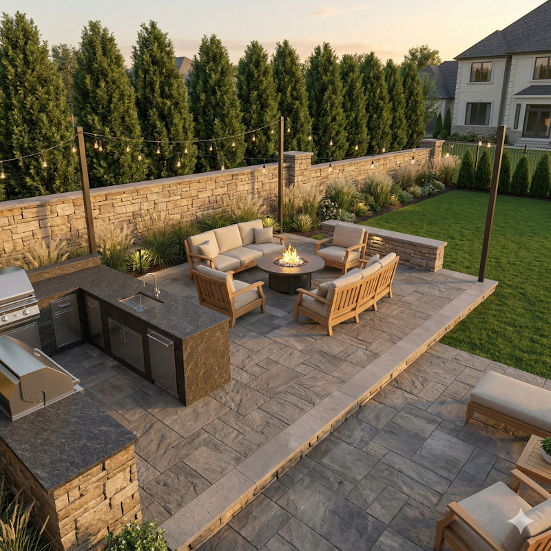3D landscape design rendering of a brick paver patio and retaining wall for an Ann Arbor, MI homeowner